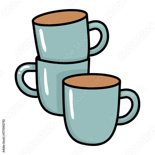 Illustration turquoise mugs stacked and one standing next to them. Kitchen utensil for drinking beverages. Drawing for cafe design.