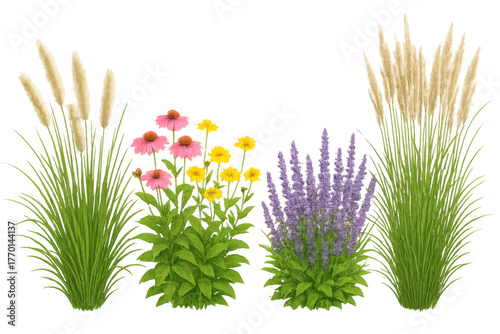Garden plant elements set, including lavender, echinacea, and ornamental grass, illustrating natural landscaping