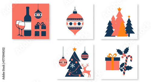 Festive Christmas Decorations in Coral and Navy Gifts, Ornaments, and Evergreen Trees in a Stylish Vector Set