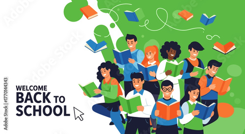 Welcome Back to School A Diverse Group of Students Reading Books in a Colorful Illustration