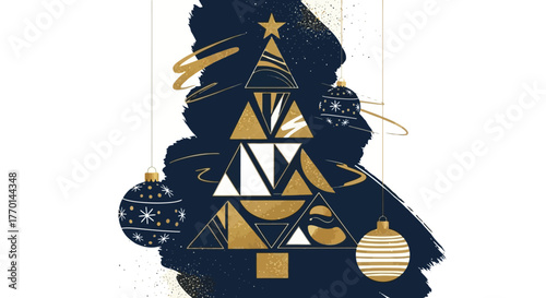 Elegant Holiday Illustration Featuring a Geometric Christmas Tree with Gold Accents and Ornaments