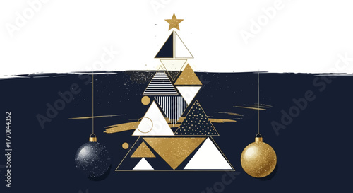 Festive Geometric Christmas Tree with Ornaments in Elegant Blue and Gold Design for Holiday Celebrations