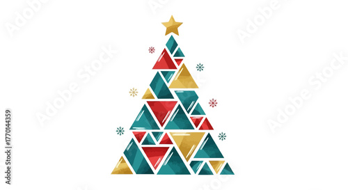 Holiday Geometric Christmas Tree Illustration Colorful Abstract Design with Triangles & Star