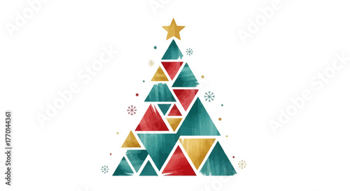 Festive Geometric Christmas Tree Design with Triangles and Star on White Background