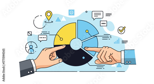 Business Analysis and Data Visualization Hands Interacting with a Pie Chart for Strategic Insights