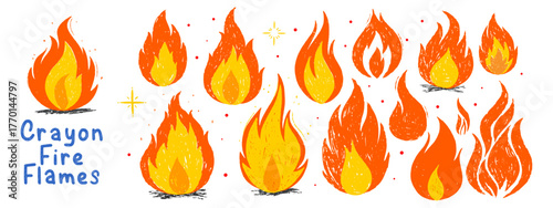 Grunge crayon fire flames collection. Hand drawn punk style. Vector doodle elements and stickers.