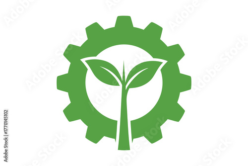 Green gear with growing plant symbolizing sustainable industry and ecology, vector art, symbolic Logo