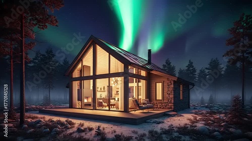 Enchanting modern cabin nestled in a snowy winter forest under the spectacular green glow of the Northern Lights, offering a serene and cozy retreat