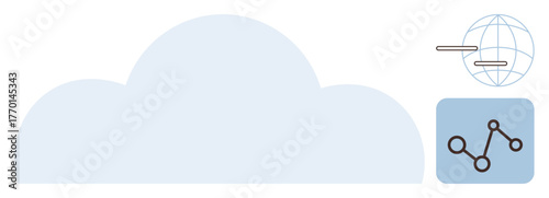 Large cloud symbol, global network grid with lines, and a connected node diagram. Ideal for technology, data storage, cloud computing, networking, global connectivity, innovation simple flat