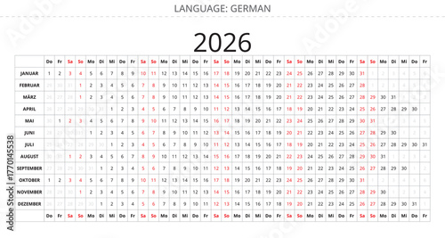 Simple 2026 german linear annual year calendar Germany. deutsch kalender