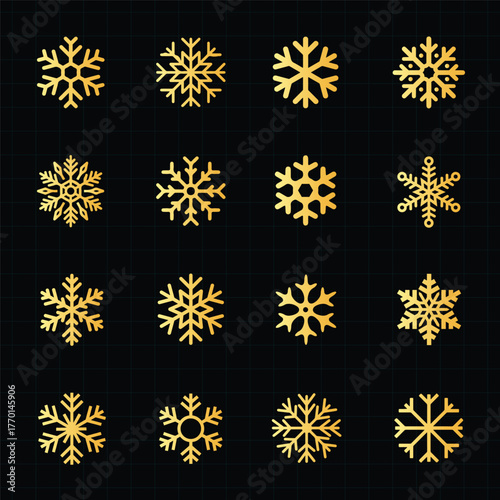 Set of gold snowflakes for Christmas decoration. Shiny gold snowflakes, various abstract. Beautiful snowflakes isolated . Gold leaf snowflakes icon set.