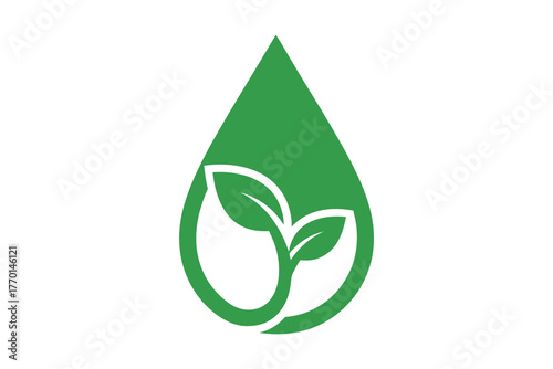 Green leaf droplet logo symbolizing growth and nature, vector art, symbolic Logo
