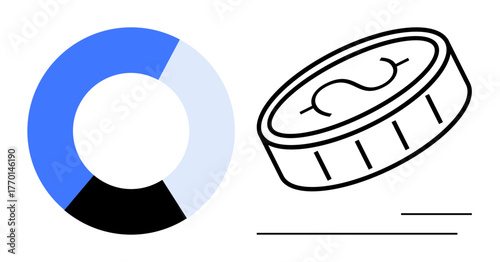 Blue and gray pie chart beside a coin with a dollar icon, signifying financial data, investment, planning, and analysis. Ideal for economics, statistics, business growth, budgeting trading
