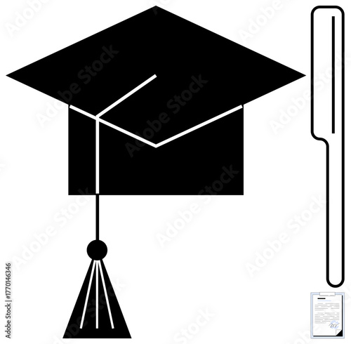 Graduation cap with tassel beside a diploma and ceremonial scroll. Ideal for education, success, completion, academic goals, school events, milestone celebration, simple flat metaphor