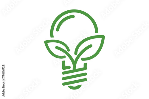 Green light bulb with leaves symbolizing eco friendly energy and innovation, vector art, symbolic Logo