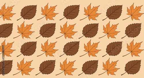 Seamless pattern of two types of autumn leaves vector on beige fall background