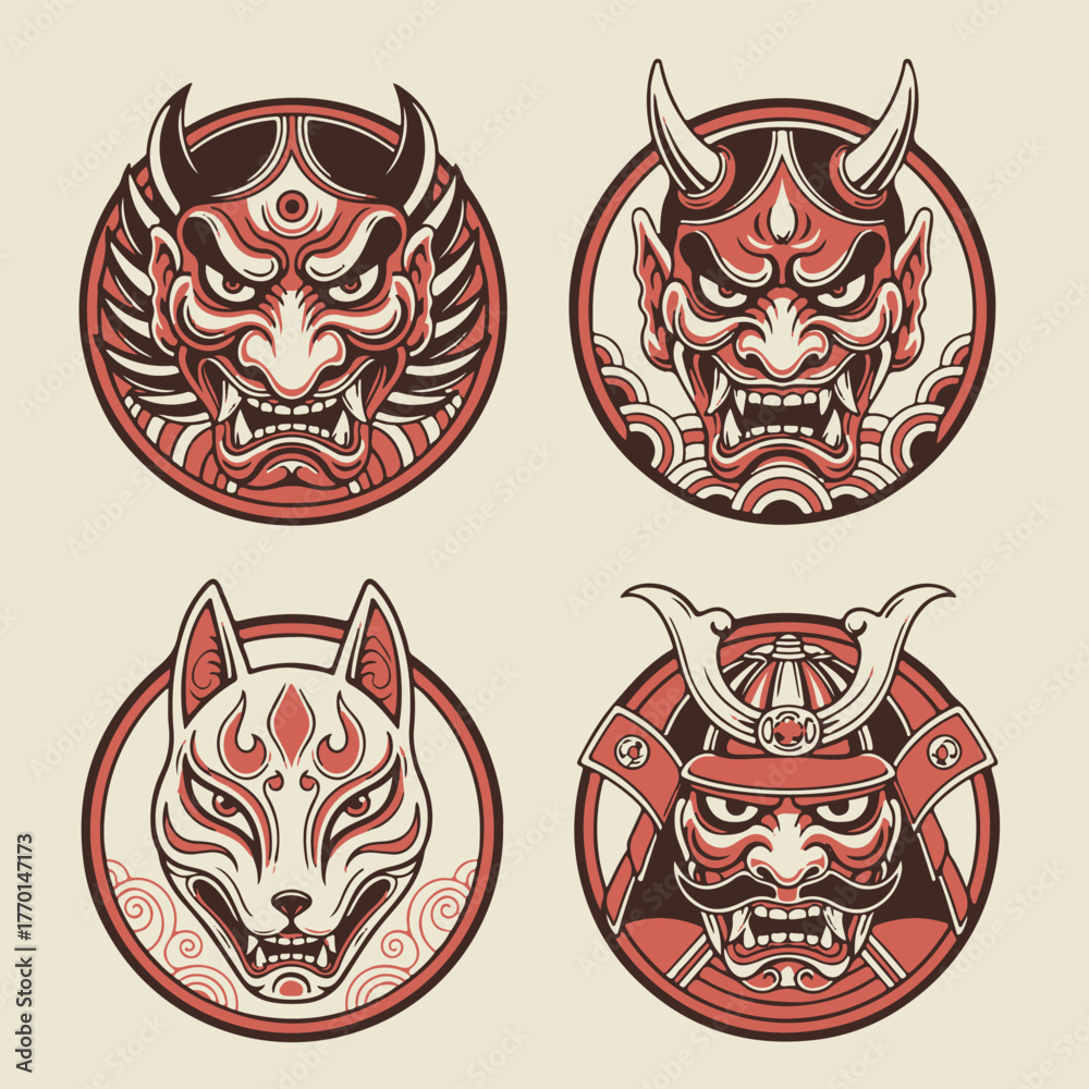 Obraz premium set of tribal japanese mask tattoo
