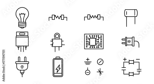 Collection of hand drawn electronic component icons including light bulb resistors capacitor transistor and battery