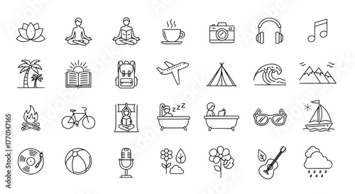 Collection of hand drawn sketch icons representing various activities and objects in a simple doodle style