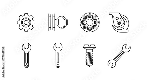 Collection of hand drawn industrial mechanical engineering tools and components on a white background