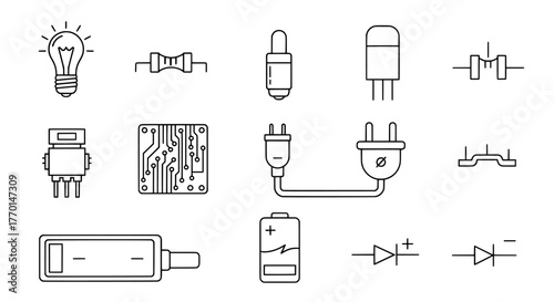 Collection of hand drawn electronic components and circuit symbols representing electrical engineering and technology concepts