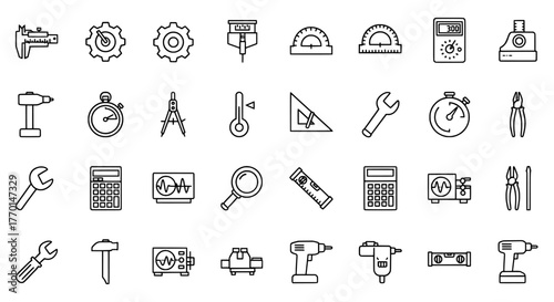 Collection of hand drawn engineering and construction tools icons in a grid layout on white background