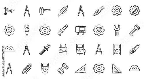 Collection of hand drawn engineering and technical drawing tools icons in a grid layout on white background