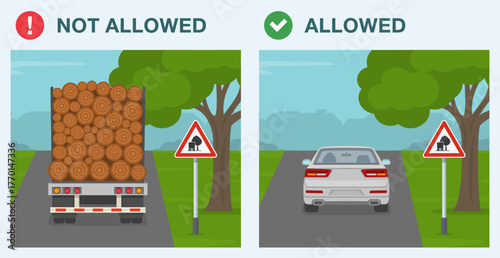 Safe driving tips and rules. Correct and incorrect driving. Back view of heavy vehicle and sedan car approaching tree with low hanging branches. Flat vector illustration template.