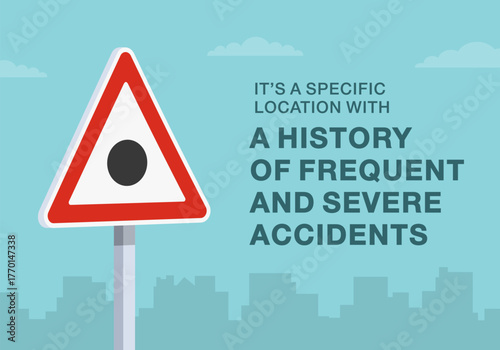 Safe driving tips and traffic regulation rules. Close-up of european "black spot" sign meaning. Specific location with history of frequent and severe accidents. Flat vector illustration template.