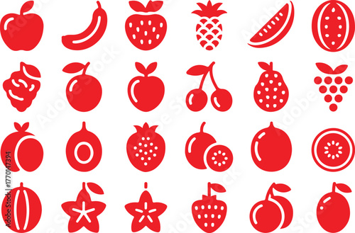 Collection of Red Fruit Icons on a White Background Representing Healthy Eating and Nutrition Keywords: apple, banana, strawberry, pineapple, watermelon, papaya, raspberry, plum, cherry, grapes