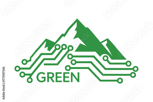Green mountain technology logo with circuit board elements, vector art, symbolic Logo