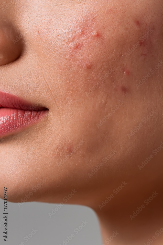 Obraz premium Close-up of woman’s cheek with acne and skin texture