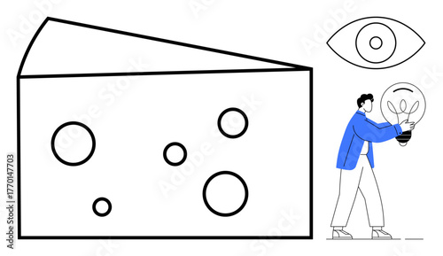 Giant cheese with holes alongside an eye symbol. Man holds lightbulb with sprouting plant. Ideal for creativity, innovation, vision, sustainability, food industry, solutions, simple flat metaphor
