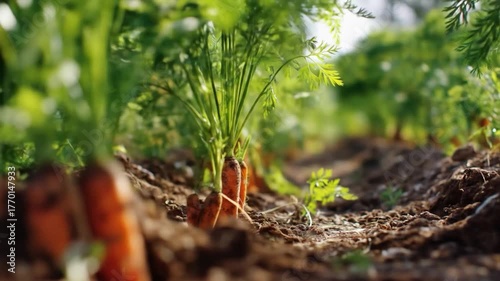 Close-up of vibrant orange carrots growing in rich, dark soil
