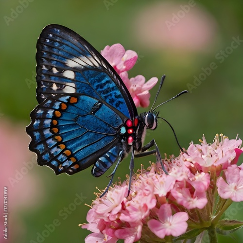Macro Photo of Blue and Black Butterfly on Pink Flower — Close-Up Wildlife Nature Detail