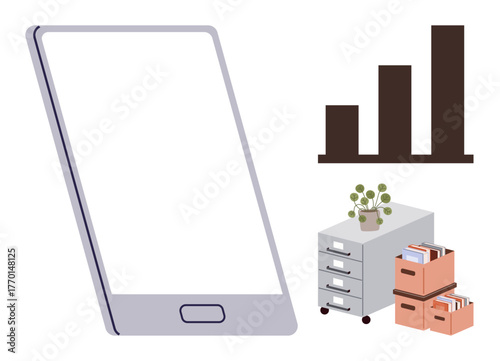 Mobile phone beside filing cabinet, plant, document boxes, and bar chart representing growth. Ideal for organization, analytics, digitization, productivity, technology office systems data