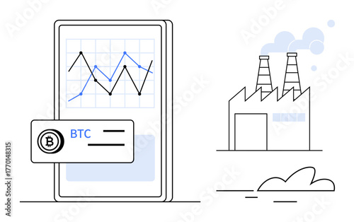 Mobile screen showing BTC trends alongside a factory with smoking chimneys. Ideal for cryptocurrency, digital economy, energy consumption, blockchain, trading, fintech, environmental impact. Simple