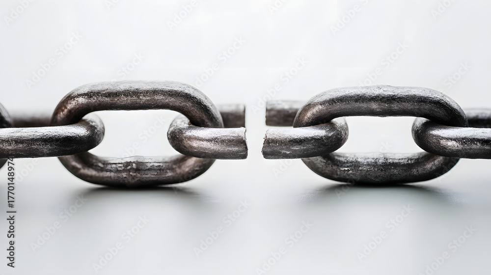 Obraz premium disconnected. Broken chain links with disconnected ends, minimalist metal texture symbolizing separation. wellbeing guides.
