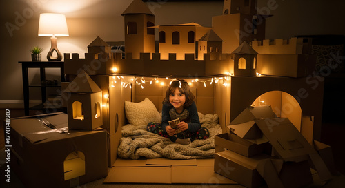 Young girl playing inside a cardboard castle with string lights  