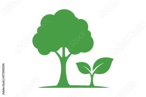 Green silhouette of a mature tree and a small sapling on white background, vector art, symbolic Logo