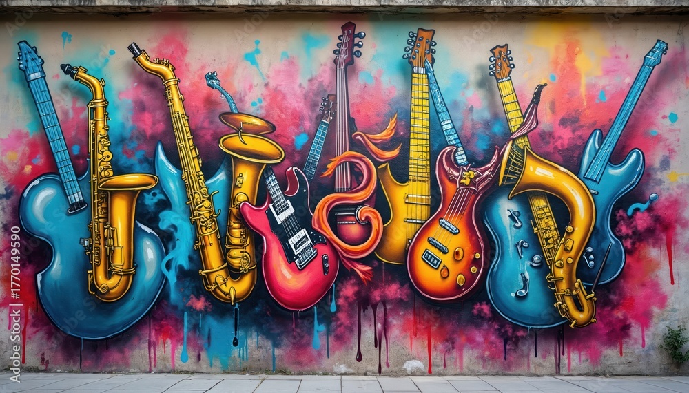 Naklejka premium Colorful graffiti of musical instruments on concrete wall. Vibrant street art shows electric guitars, saxophones. Urban mural with paint drips creative expression of music culture. Modern artwork