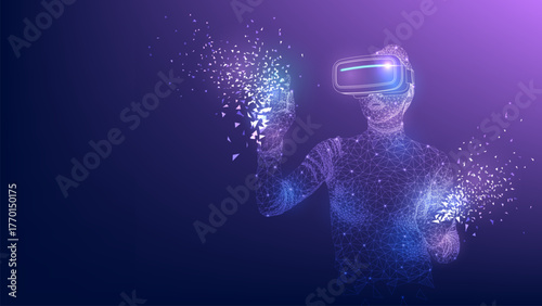 Concept of virtual reality technology. Woman wearing virtual reality headset connected to the virtual space. Vector illustration.