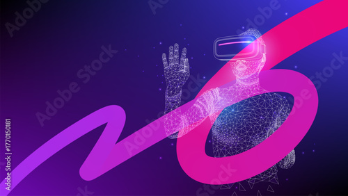 Concept of virtual reality technology. Woman wearing virtual reality headset connected to the virtual space. Vector illustration.