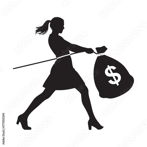Determined Woman Silhouette Pulling Large Money Bag with Rope on White Background.