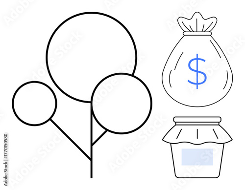Abstract tree, a money bag with a dollar sign, and a jar symbolizing financial growth, wealth accumulation, and resource management. Ideal for finance, savings, investments, economy frugality