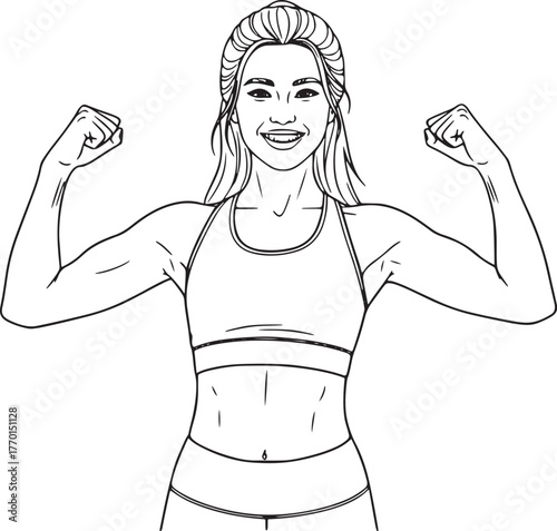 Smiling athletic woman flexing muscles illustration, fitness motivation strong female art