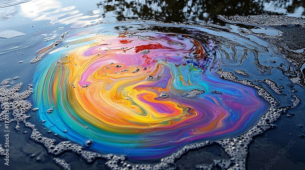 Naklejka premium Iridescent slick of oil floating on water with rainbow colors and bubbles around the edges of the slick