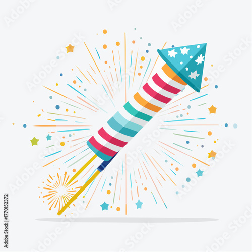 A vibrant illustration of a colorful rocket firework launching with a burst of bright sparks and stars against a white background, symbolizing celebration and excitement.