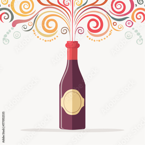 A stylized illustration of a wine bottle with colorful, swirling floral elements erupting upwards.
