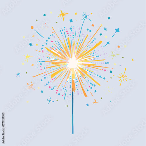 A vibrant, stylized illustration of a sparkler bursting with colorful light and star-shaped particles against a soft blue background, evoking celebration and joy.